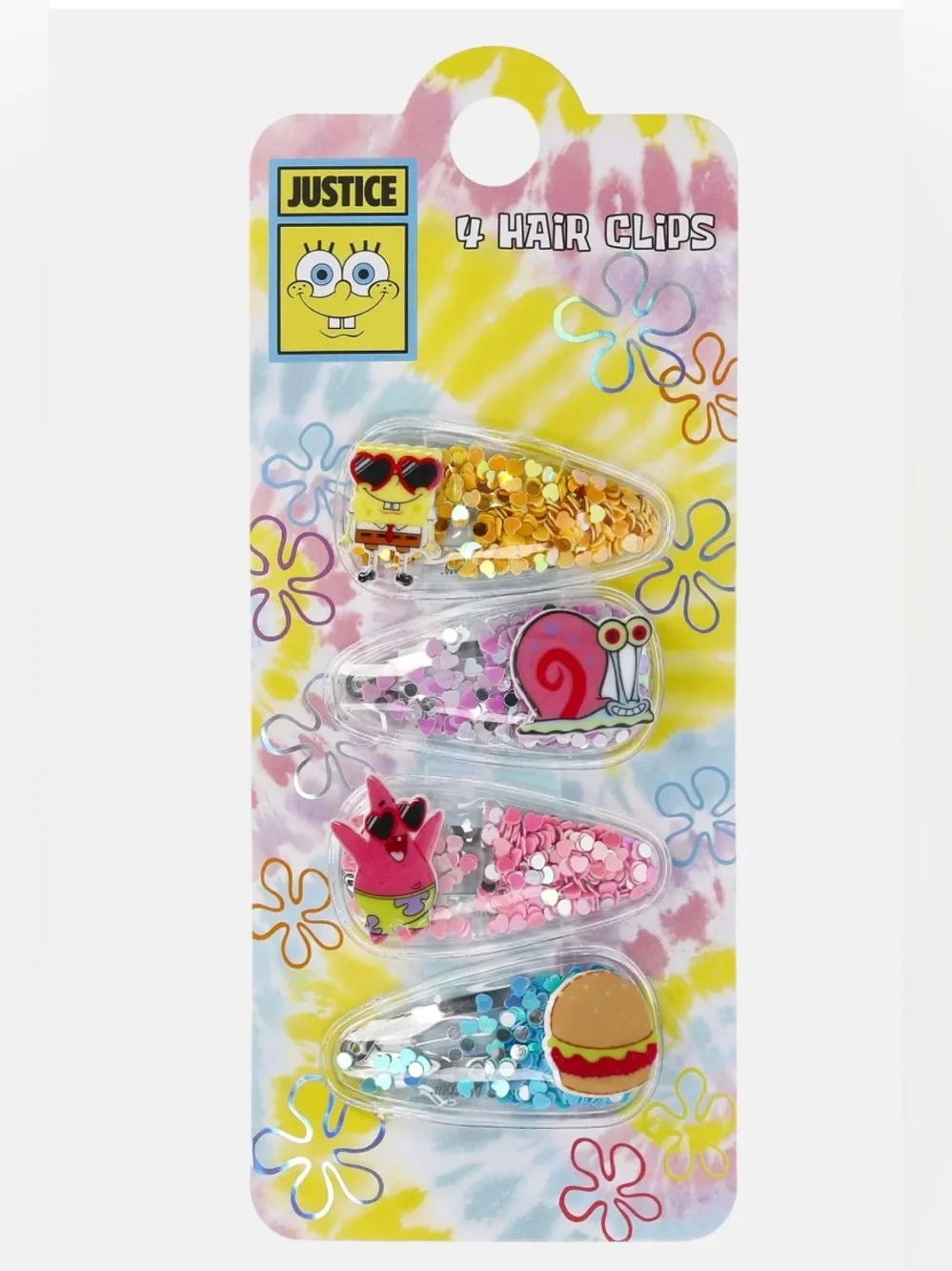 NWT Justice SpongeBob SquarePants Glitter Shaker Snap Hair Clips 4 Pack